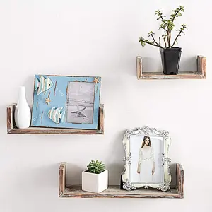Wall Mounted Torched Wood U-Shaped Floating Shelves