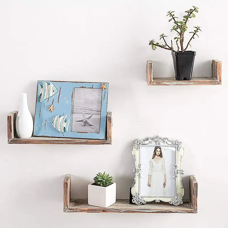 Wall Mounted Torched Wood U-Shaped Floating Shelves