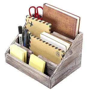 Decorative 4 Compartment Vintage Brown Torched Wood Finish Mail Sorter/Office Desk Stationery Organizer
