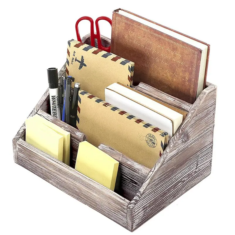 Decorative 4 Compartment Vintage Brown Torched Wood Finish Mail Sorter/Office Desk Stationery Organizer