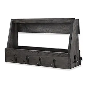 Wooden Wall Mount Mail Holder Organizer with 8 Hooks Coat Rack