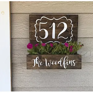Rustic handmade wooden house number planter outside decoration