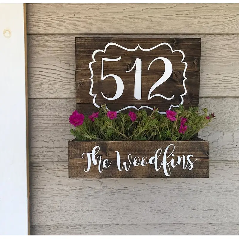 Rustic handmade wooden house number planter outside decoration