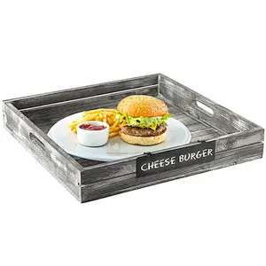 Whitewashed Gray Wood Crate Style Serving Tray with Handles & Removable Metal Chalkboard Label