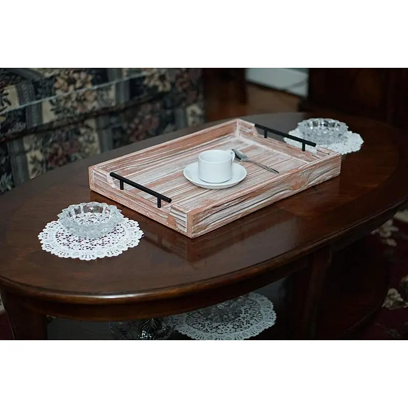 Wooden Ottoman Tray for Living Room and KitchenUnfinished Wood TraysWoodServing TrayWoodenTray With Metal HandlelWood Tray Stand