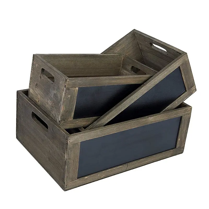 Gift Rustic Brown Wood Nesting Storage Crates with Chalkboard Front Panel and Cutout Handles, Set of 3,wooden boxes