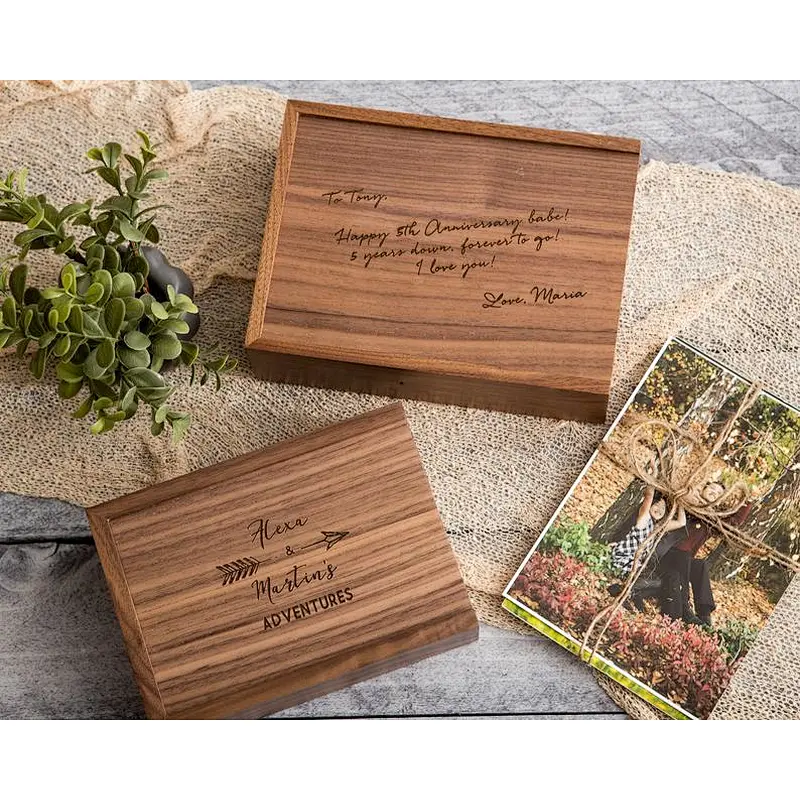 Wood Anniversary Gift Boxes- Engraved Memory Boxes - 4x6 or 5x7 Walnut Photo Keepsake Storage Box