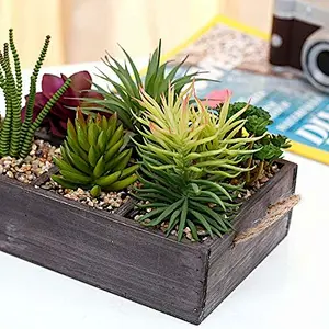 Potted Artificial Succulent Plants in Rustic Wooden Planter Box with Rope Handles