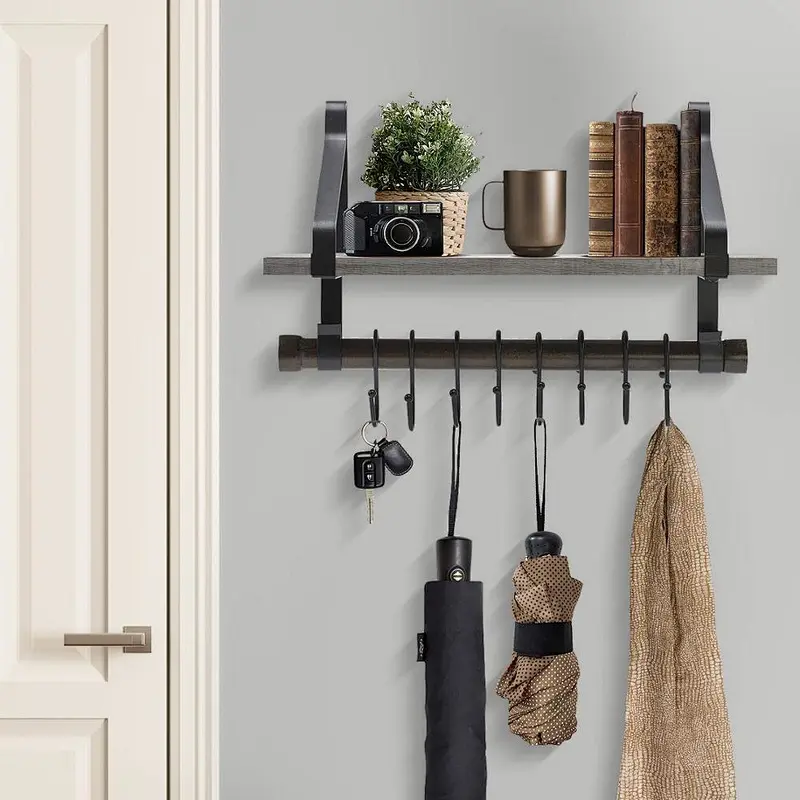Rustic wood floating wall shelves wall shelves for bedroom bathroom shelf with hooks wall mounted