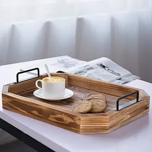 Rustic Burnt Wood 16-Inch Serving Tray with Metal Handles