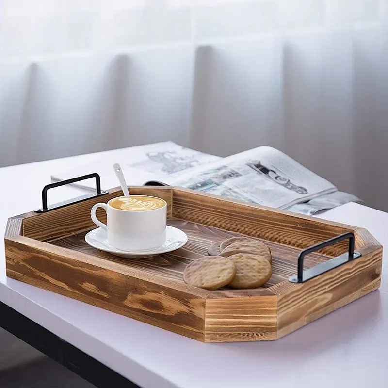 Rustic Burnt Wood 16-Inch Serving Tray with Metal Handles