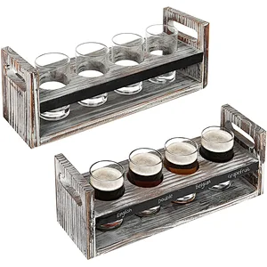 MyGift Set of 2 Torched Wood Beer Flight Serving Caddies with Chalkboard Panels & 4 Tasting Glasses