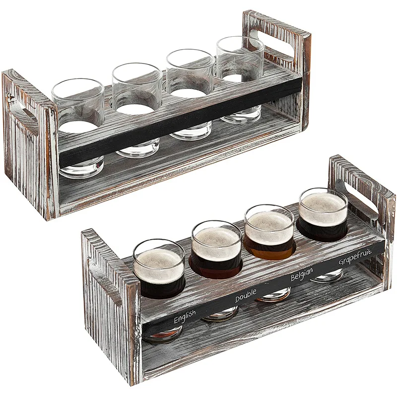 MyGift Set of 2 Torched Wood Beer Flight Serving Caddies with Chalkboard Panels & 4 Tasting Glasses