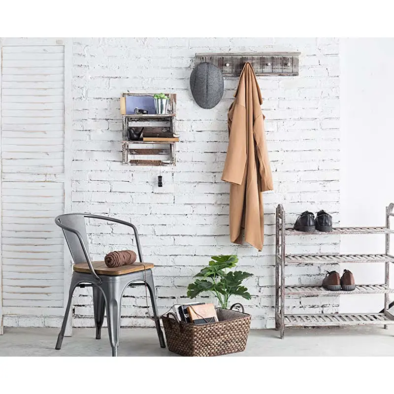 Home Decor-Rustic Shelves, Wood Wall Mounted Organizer Shelves 2 Hooks, 2-Tier Storage Rack, Brown