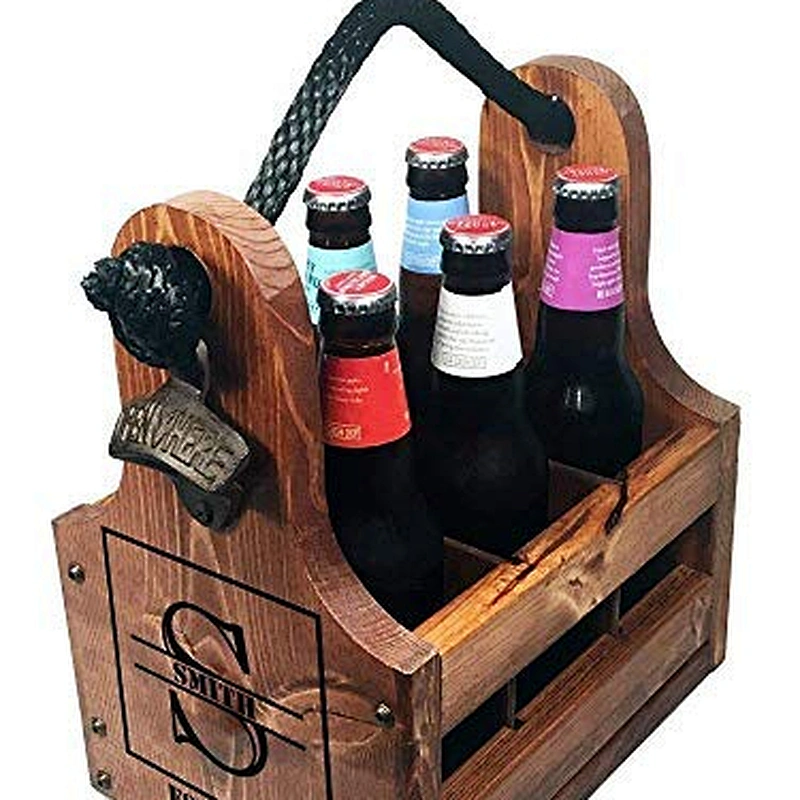 Personalized Wood Beer Caddy with Bottle Opener and Magnetic Bottle Cap Catcher. Handmade Rustic Wooden Six Pack Tote/Carrier