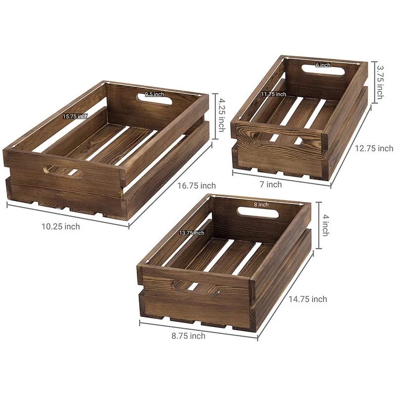 MyGift Rustic Brown Wood Decorative Nesting Storage Crates with Handles, Set of 3