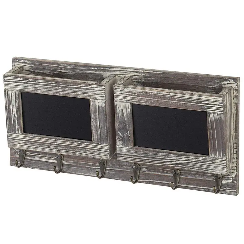 Mail Sorter Organizer Wood Key Holder Organizer, Slot Rustic Wall-Mounted Wood Mail Holder with 6 Key Hooks and Chalkboard Label