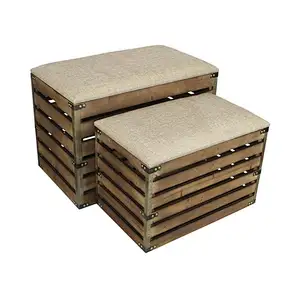 Wooden Boxes, Rectangular Handmade Wood Slat Storage Crate with Metal Accent and Cushioned Lid - Set of 2