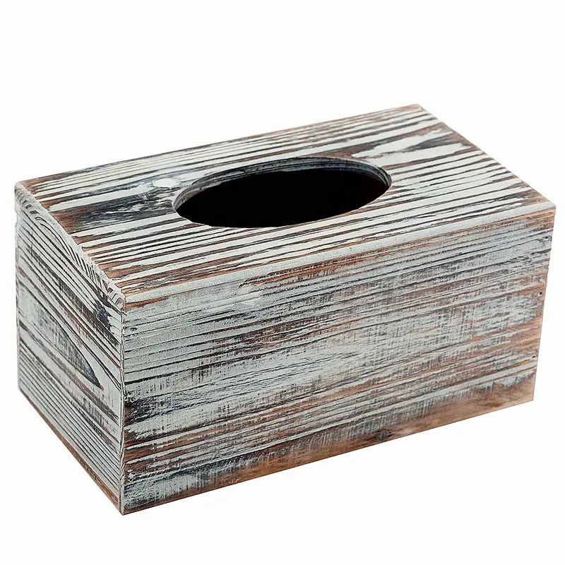 Decorative Rustic Torched Wood Rectangular Facial Tissue Box Cover Holder