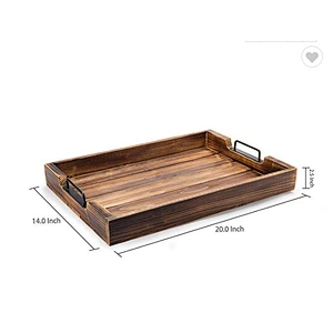 Antique Brown Wooden Serving Tray With Metal Handles Large Wooden Trays for decoration ottoman tray set