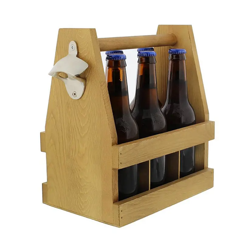 Beer Caddy Natural Wood Bottle Carrier 6-Pack Beer & Soda Glass Bottle Drink Caddy