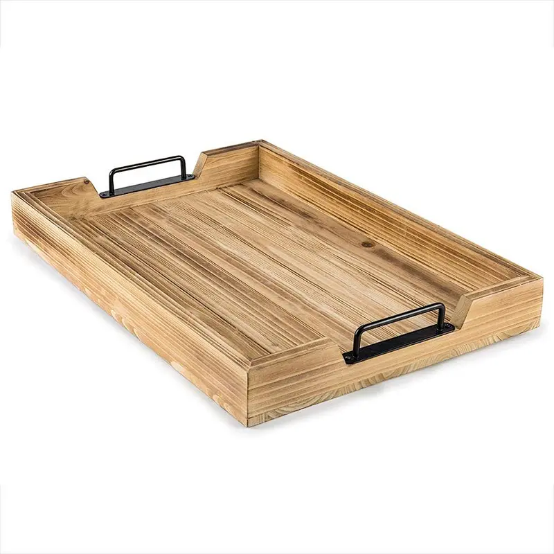 Light Torched Barnwood 20-Inch Serving Tray with Modern Black Metal Handles
