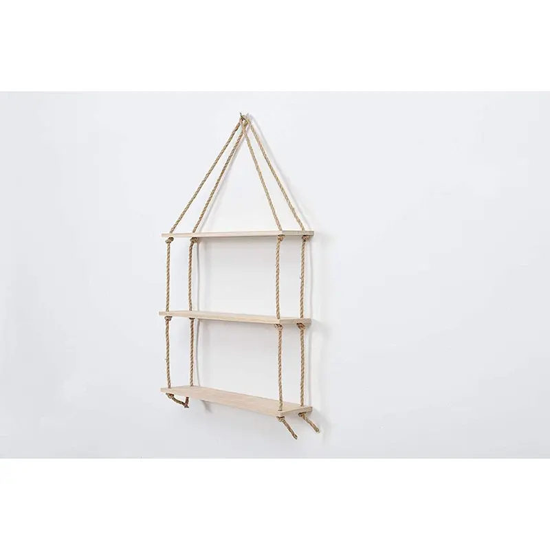 Hanging Planter Shelf Wall - Floating Swing Storage Shelves Jute Rope Organizer Rack 3 Tier Handmade Shelves Wall-Hanging