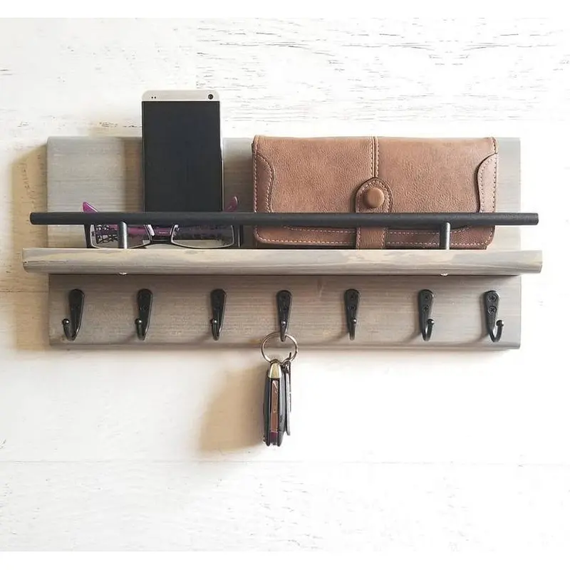 Entryway Organizer Key and Mail Shelf with Hooks, Rustic Home Decor Organizer, Multiple Key Holder