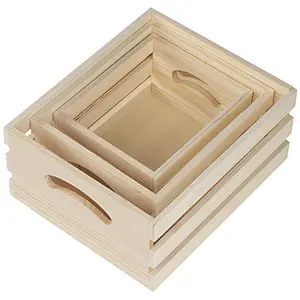Wooden Crate - 3-Count Small Decorative Storage Caddy Set, Unfinished Wood Craft Boxes for Organizing, Books and Groceries