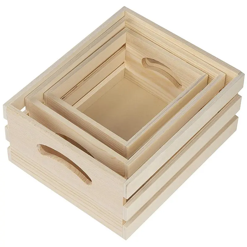 Wooden Crate - 3-Count Small Decorative Storage Caddy Set, Unfinished Wood Craft Boxes for Organizing, Books and Groceries