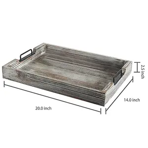 Distressed Torched Wood 20-Inch Serving Tray with Modern Black Metal Handles