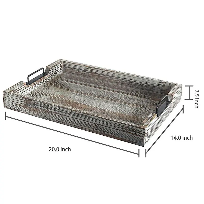Distressed Torched Wood 20-Inch Serving Tray with Modern Black Metal Handles