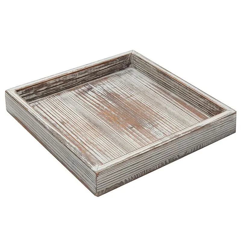 10 inch Torched Wood Decorative Tray, Ottoman Coffee Table Accent