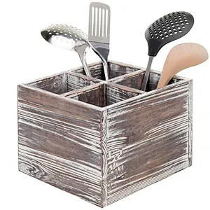 Rustic Torched Wood Kitchen Cooking Utensil Holder, 4-Compartment Flatware Caddy Box