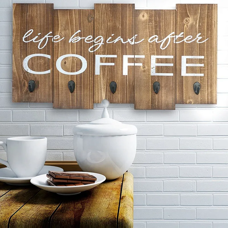 Creations Rustic Coffee Mug Rack Wall Mounted, Printed Coffee Sign - 6 Coffee Cup Hooks