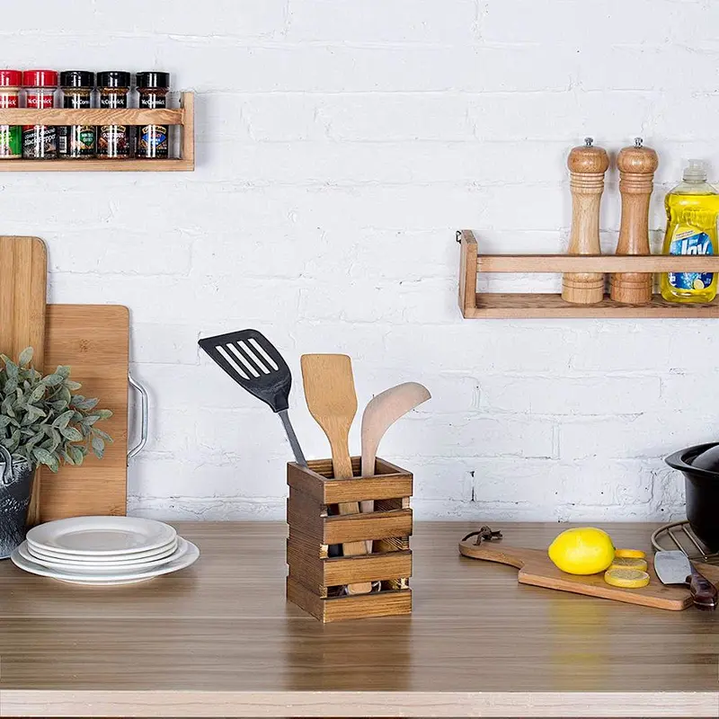 Rustic Burnt Wood Cooking Utensil Holder with Slatted Sides Storage Box