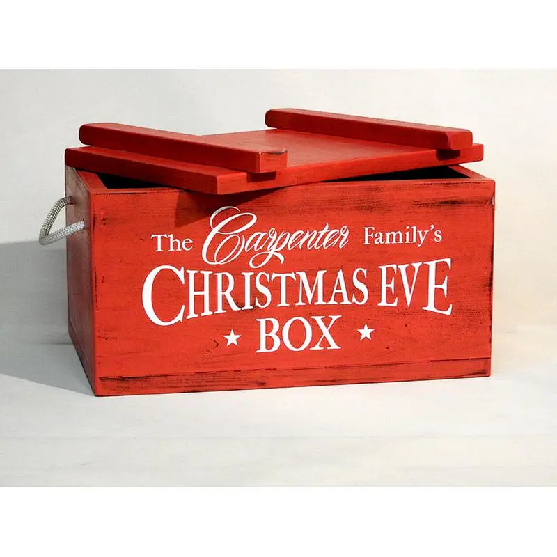 Vintage Christmas Eve Box. big red and white wooden box with lid, personalised Christmas box for families