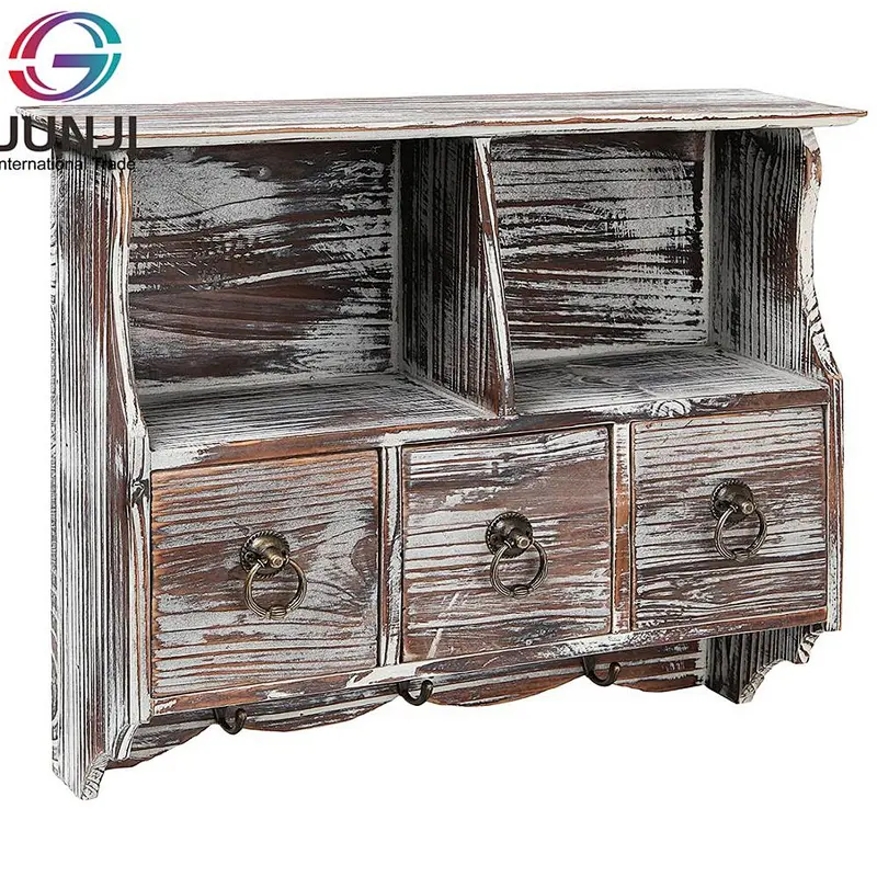 Country Rustic Torched Wood Wall-Mounted Organizer Shelf Rack/Wall Cabinet with Drawers & Metal Hooks