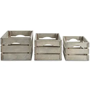 VonHaus Set of 3 Wooden Storage Crates | Rustic Grey Display Boxes w/Handles | Decorative Home Chests for Bathroom, Bedroom
