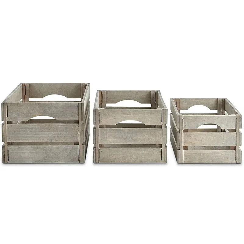 VonHaus Set of 3 Wooden Storage Crates | Rustic Grey Display Boxes w/Handles | Decorative Home Chests for Bathroom, Bedroom