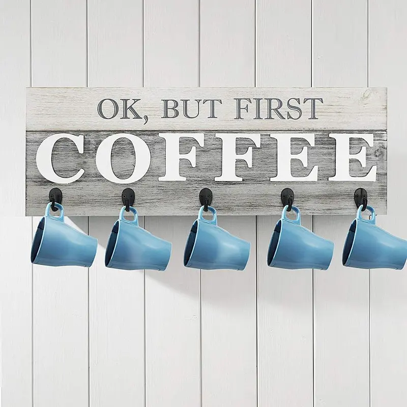 But First Coffee' Mug Holder - Rack - Display, Rustic Farmhouse Wood Coffee Wall Decor Sign for Kitchen, Bar, Cafe 24
