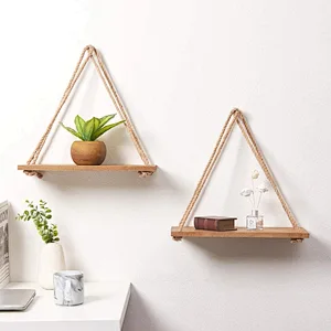 SAND MINE Set of 3 Wood Wall Hanging Shelf  Wood Floating Shelves  Hanging Swing Rope Shelves