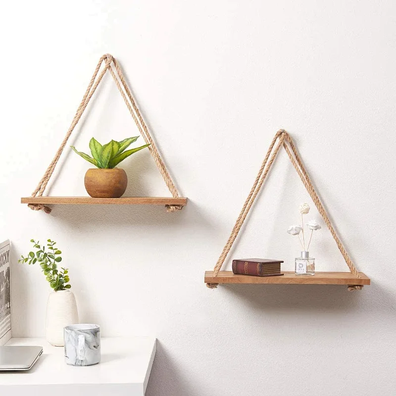 SAND MINE Set of 3 Wood Wall Hanging Shelf  Wood Floating Shelves  Hanging Swing Rope Shelves