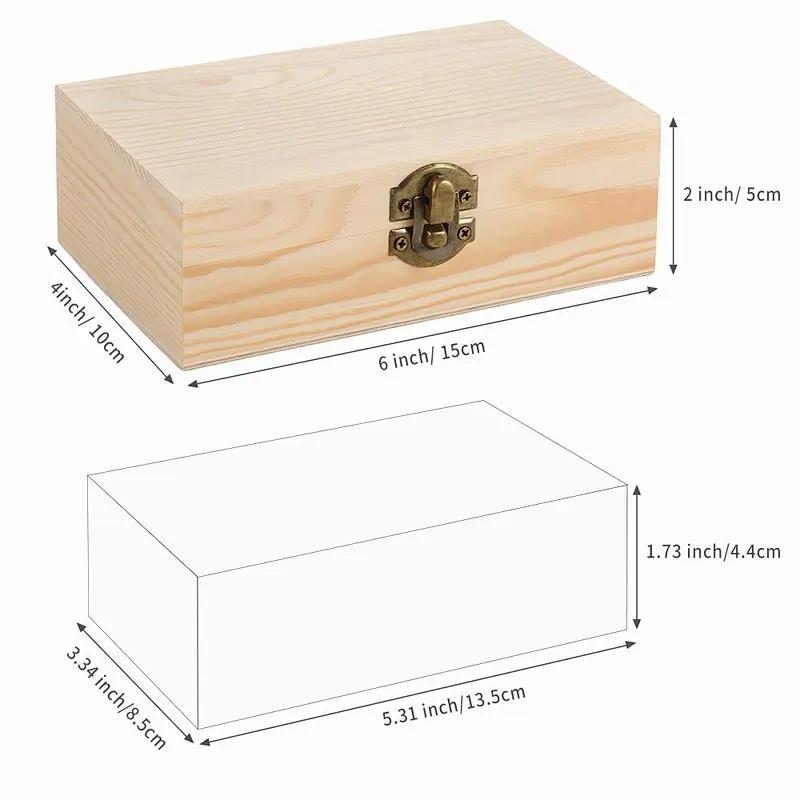 Unfinished Wood Box with Hinged Lid and Front Clasp for Crafts, Art, Hobbies and Home Storage