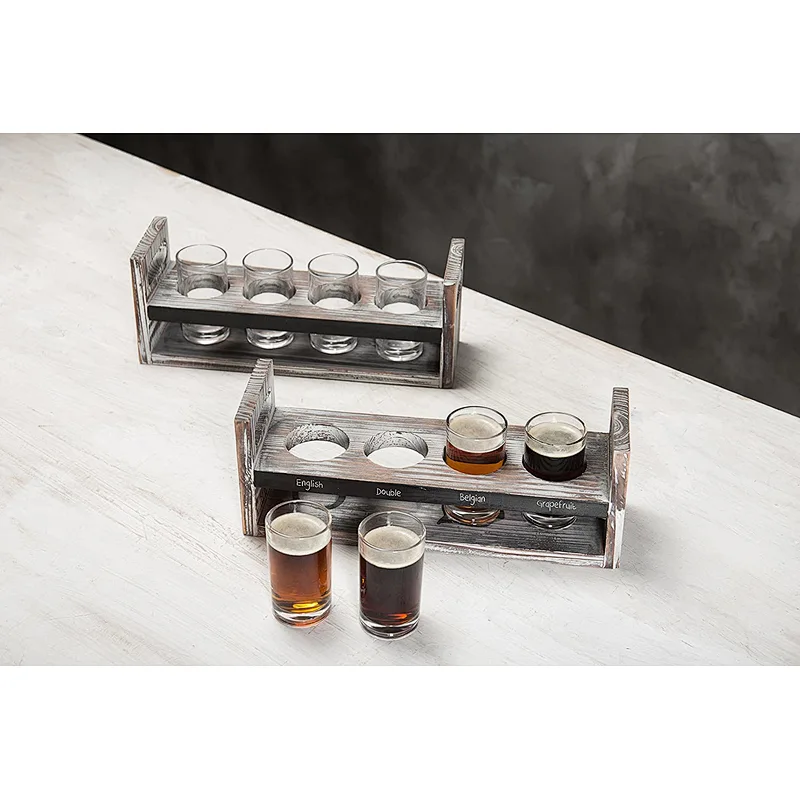 MyGift Set of 2 Torched Wood Beer Flight Serving Caddies with Chalkboard Panels & 4 Tasting Glasses