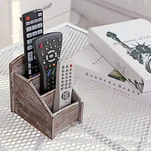 Rustic Wood Remote Control Caddy, 3 Slot Office Supply Storage Rack, Brown