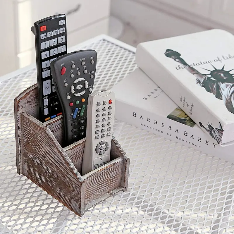 Rustic Wood Remote Control Caddy, 3 Slot Office Supply Storage Rack, Brown