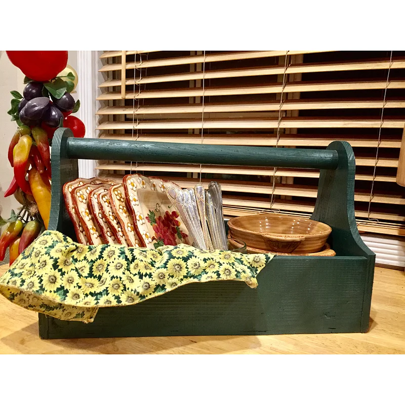 Storage Tool Box Green Wooden French Basket with Handle Large Shabby Chic Kitchen Portable Picnic Bin Fruit Vegetable