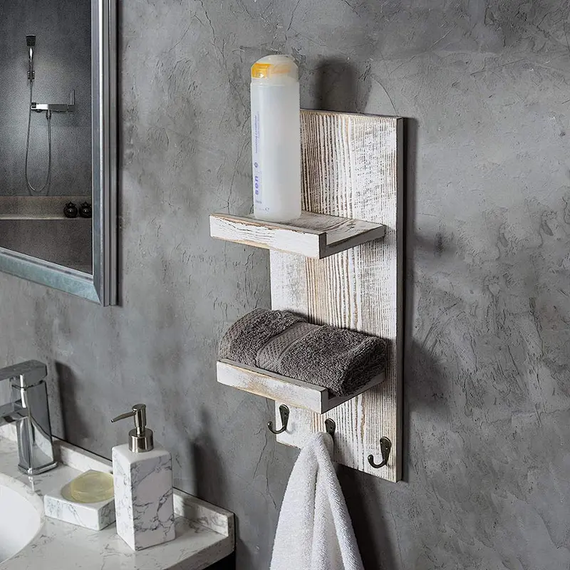 Rustic wood floating wall shelves bathroom shelf with hooks wall mounted home decor wall shelf