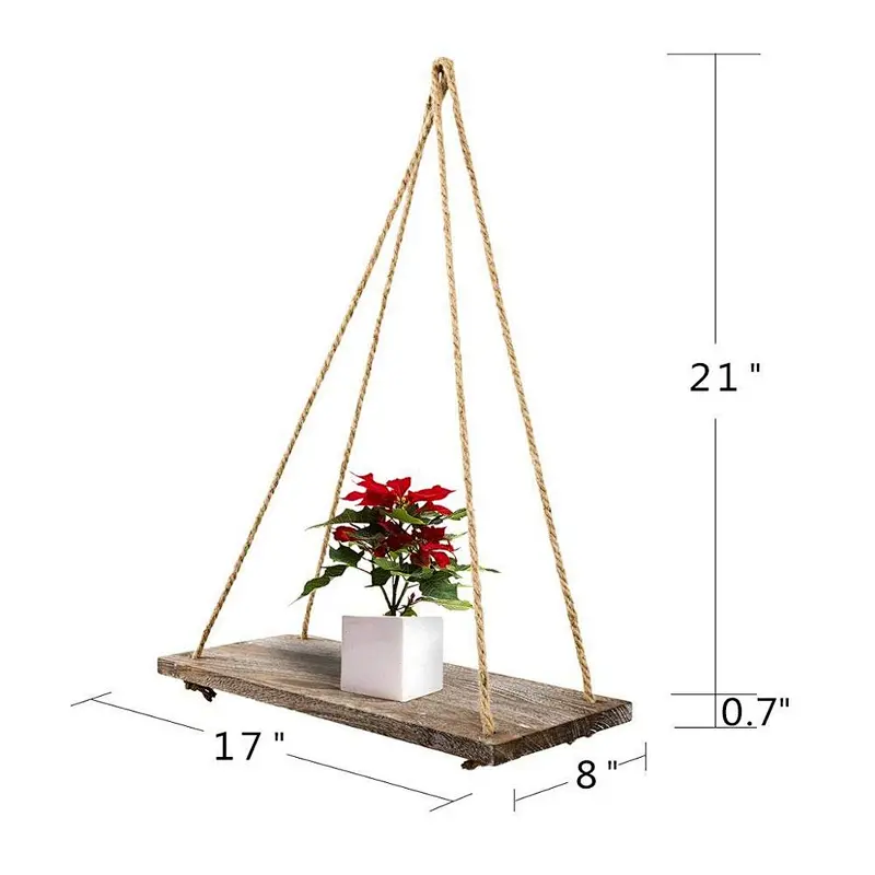 Decorative Wall Hanging Shelf - Distressed Wood Jute Rope Floating Shelves - Rustic Home Wall Decor - Set of 2